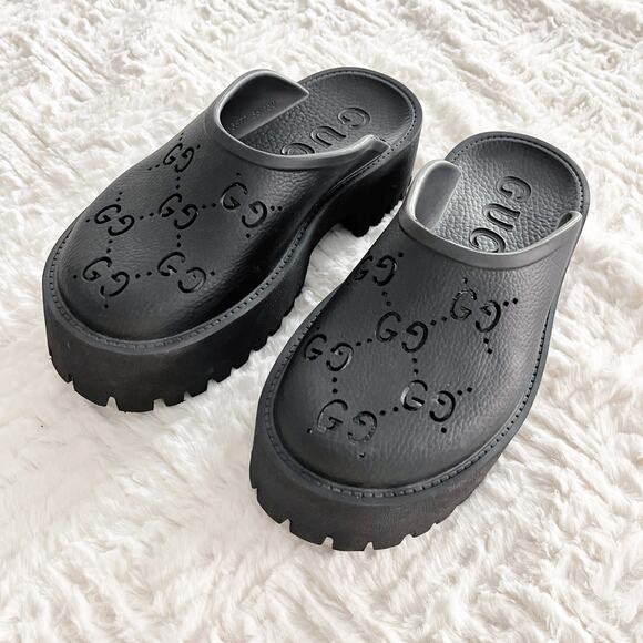 Gucci Perforated G Platform Mules in Black Rubber - Picture 2 of 13